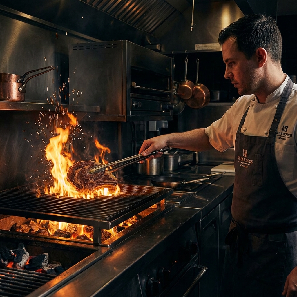 Chef at PRIME Steakhouse preparing prime cuts