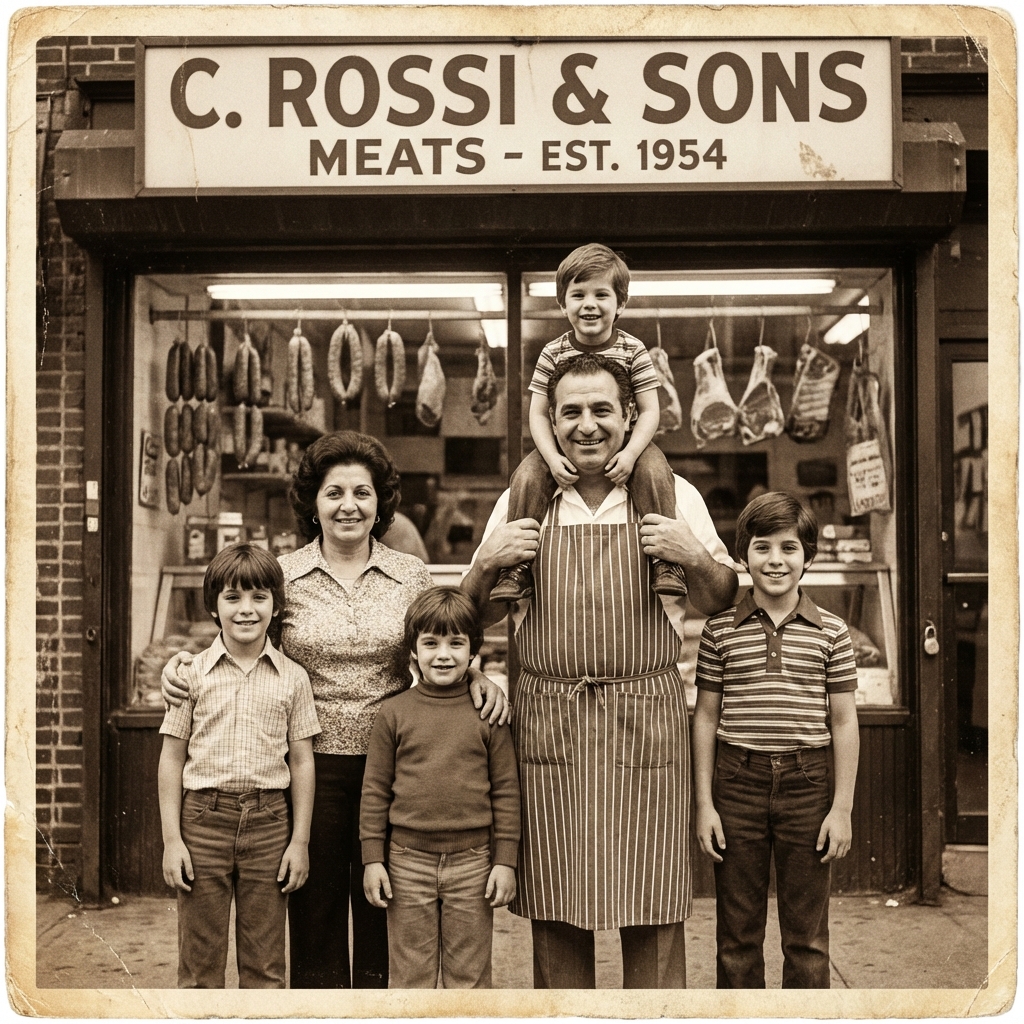 The Rossi family at their Brooklyn butcher shop, 1954